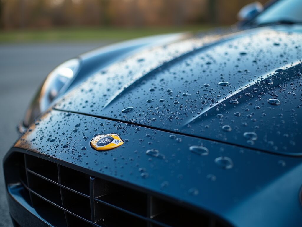 Water beading on a freshly coated hood