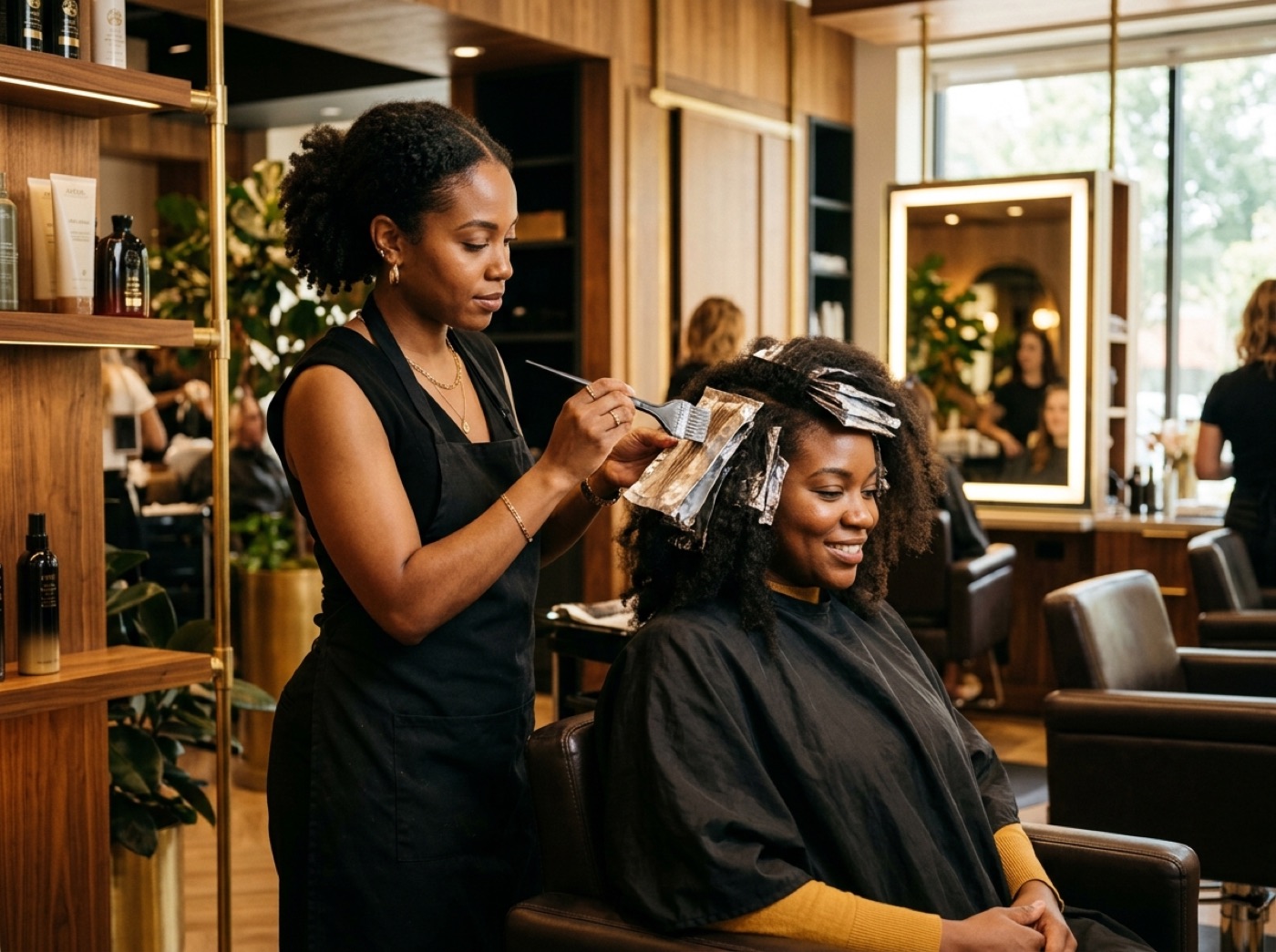 Stylist placing foil highlights