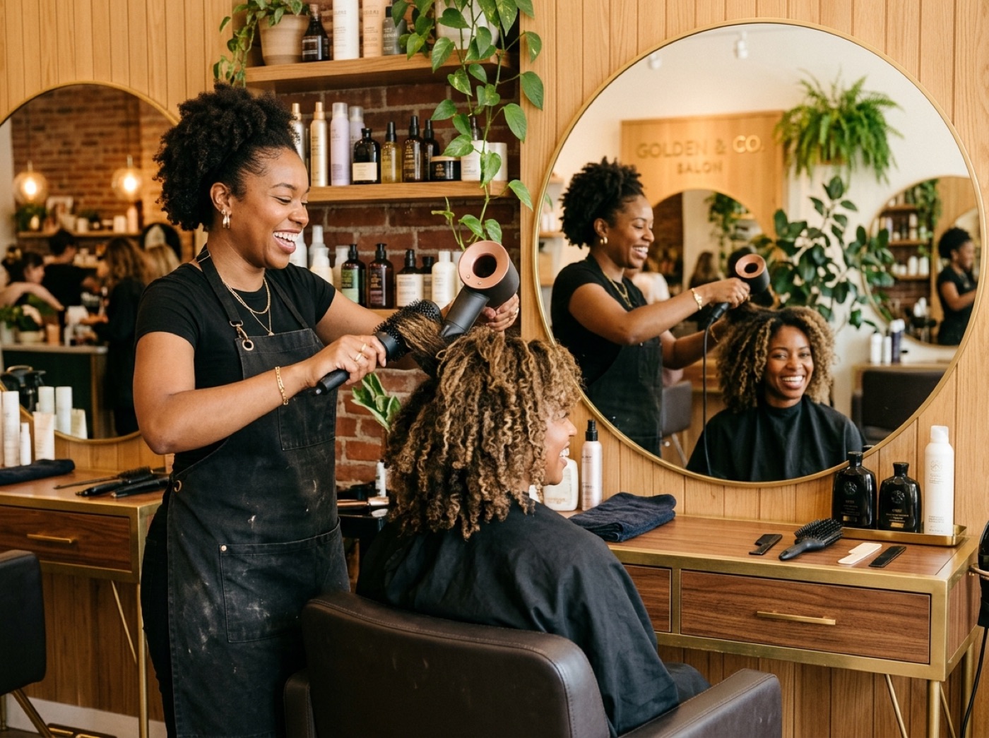 Stylist finishing a client's hair